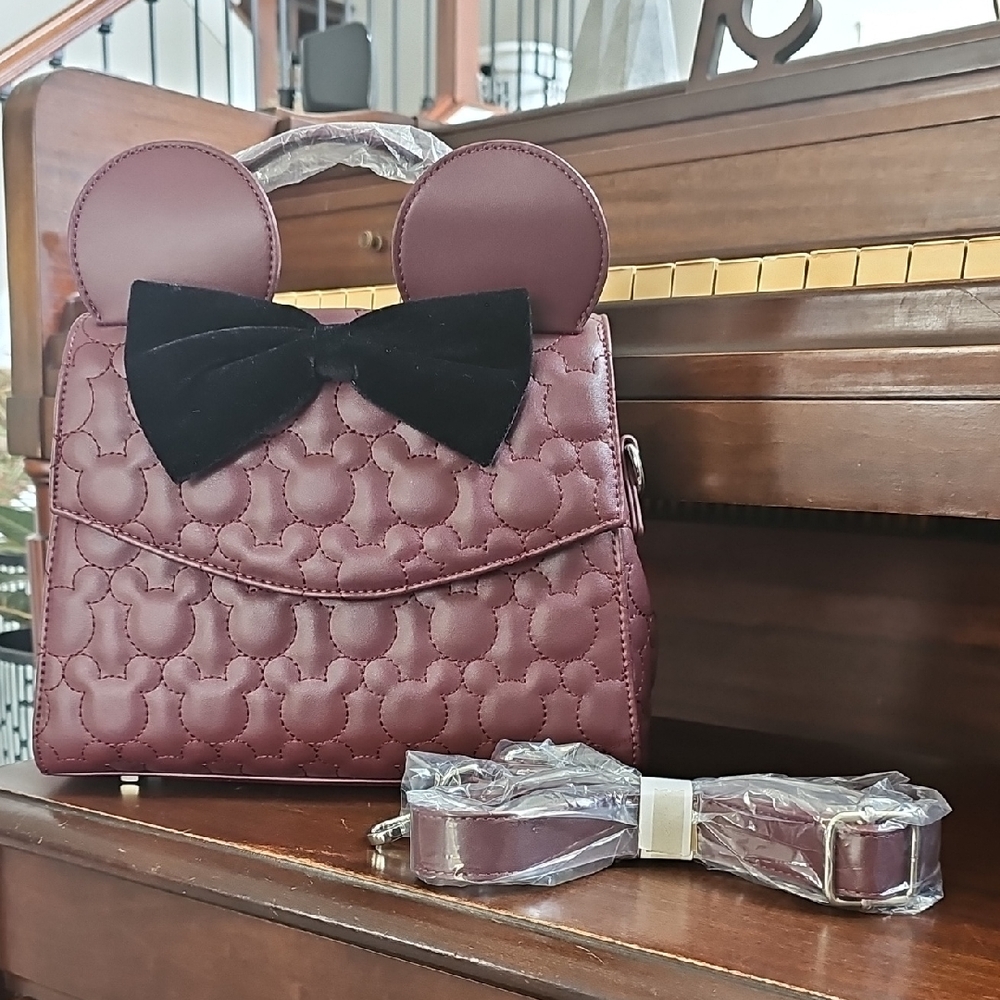 NWT Loungefly Disney Minnie Mouse Quilted Crossbody Burgundy Handbag Bow Satchel